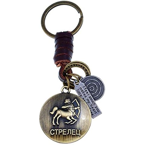 Daisybaby Novelty Constellation Keychains Men's Simple Vintage Leather Weave Car Keychains Keyrings Accessories Sagittarius Cover