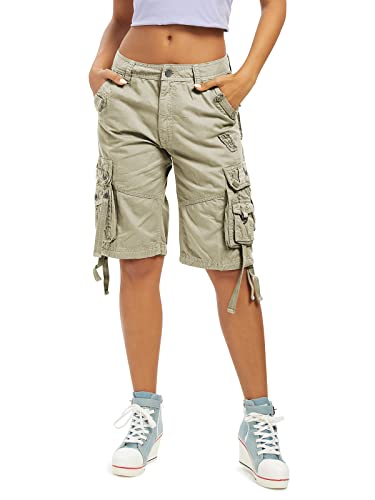 Aeslech Women's Loose Fit Cargo Shorts Cotton Casual Bermuda Summer Shorts with Multi Pockets Khaki UK 14/Tag 34