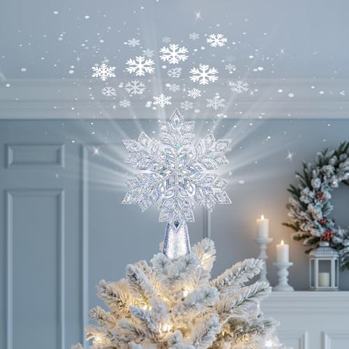 Brightown Christmas Tree Topper with Built-in 3D Glitter Led Snowflake Projector Lights, Silver Hexagonal Snowflake Tree Toppers Christmas Decorations Indoor for Xmas New Year Party Holiday