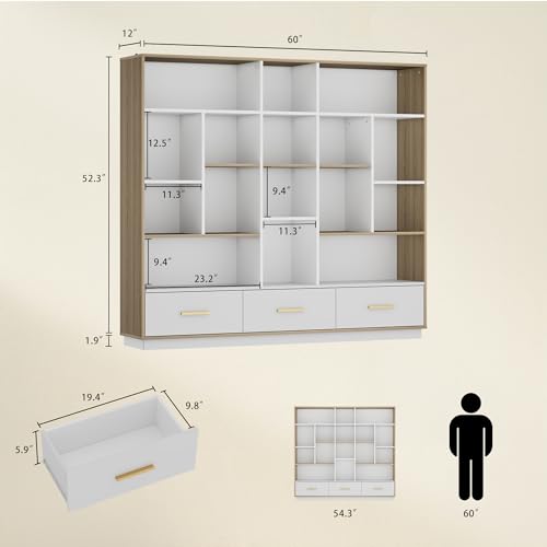 Image of ModernMate 60 inch Wide Bookshelf with 3 Drawers & 16 Open Display Storage