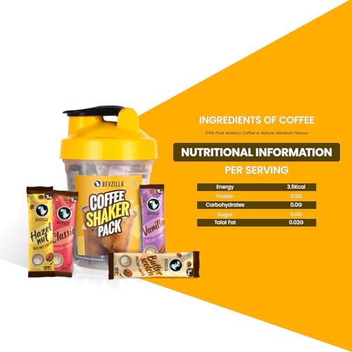 Image of Bevzilla 25 Assorted Instant Coffee Sachets & Bottle Pack | 2g Coffee Each Pouch | BPA Free Shaker 500 Ml For Office, School, Gym, College | Perfact For Espresso, Latte, Cappuccino | Enjoy Hot & Cold Brews
