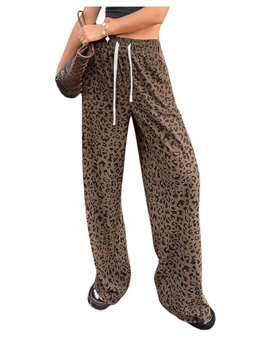 OYOANGLE Women's Graphic Print Drawstring Elastic High Waist Long Pants Y2k Wide Leg Casual Trousers with Pockets