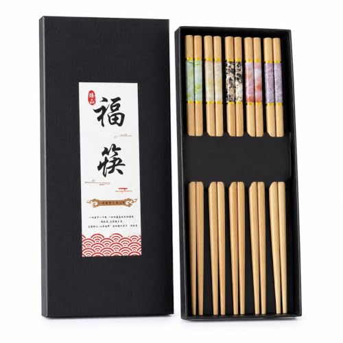 5 Çift 24 cm Bambu Desenli Yemek Çubuğu Seti Hediyelik Kutulu Japon Sushi Chopstick