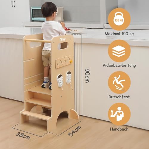 Olvy Kids 4-in-1 Montessori Lernturm - Learning Tower - Trittleiter Holz - Kindertritt 4 Stufen - Küchenturm Kinder - Steh Lernturm ab 1 Jahr - Kindertreppe Faltbar