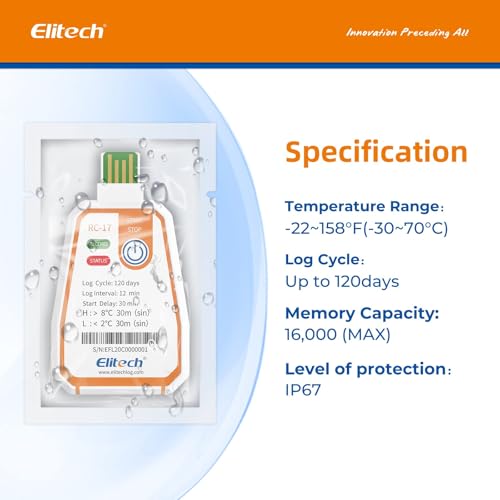 Image of Elitech USB PDF Data Logger Recorder Single-use Disposable, up to 120 Days Transportation, Temperature Monitoring Report -22~158℉ RC-17