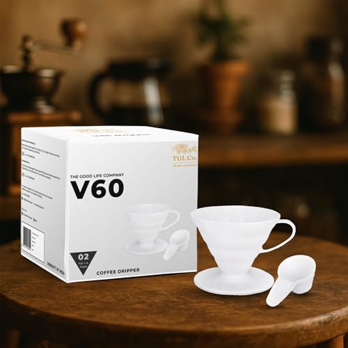 Image of TGL Co. V60 Coffee Dripper 02 (White) - Manual Pour Over Coffee Maker | Food-Grade Plastic for Safe and Durable Brewing | Reusable Cone Dripper for 1-4 Cups | Easy to Use & Clean