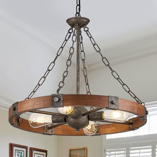 Benkut Farmhouse Wagon Wheel Chandelier 23.6 Walnut Rustic Chandeliers 4-Light Wood Round Pendant Light Fixture for Dining Room Kitchen Entryway Foyer