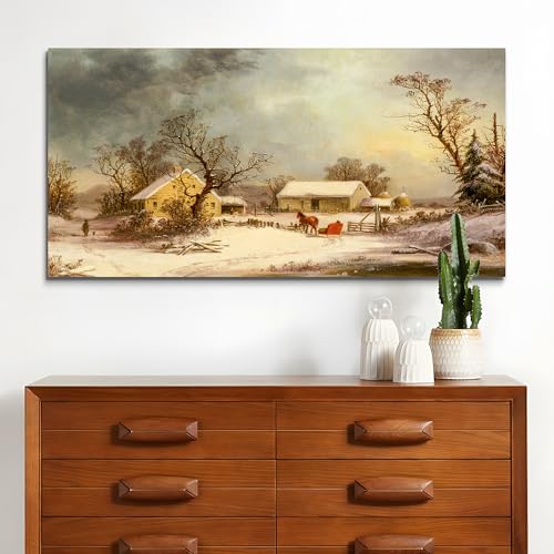crmotu Country Wall Art, Landscape Art Wall Decor, Oversized Wall Art, Modern Farmhouse Wall Decor, Winter Farm Vintage Paintings for Living Room Bedroom Dining Room Entryway Art Prints 30X60