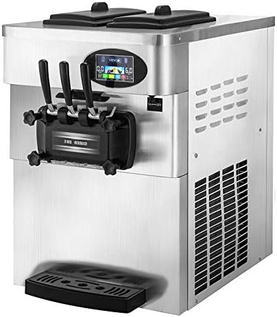 VEVOR 2200W Commercial Soft Ice Cream Machine 3 Flavors 5.3 to 7.4Gallons per Hour PreCooling at Night Auto Clean LCD Panel for Restaurants Snack Bar, Silver