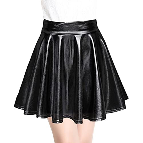 SamHeng Femme Jupe Patineuse Extensible Métallisée Métallisée Shiny Mini Jupe Taille Haute, pour Femmes et Filles-Noir