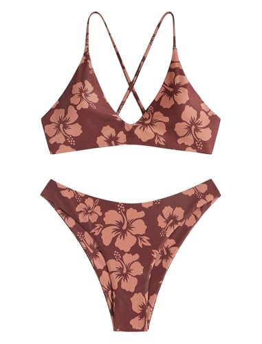 Image of ZAFUL Women's Tie Back Padded High Cut Bralette Bikini Set Two Piece Swimsuit