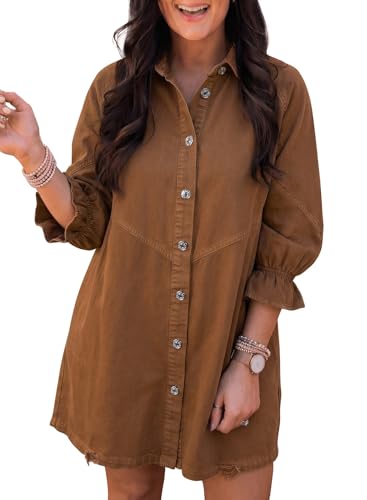 Image of Sidefeel Womens Smocked 3 4 Sleeve Button Down Denim Jeans Dresses