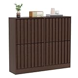 UEV Schuhschrank mit 4 Klappen Holz Schmal Schuhkipper Schuhkommode mit Kippschutz, Schuhaufbewahrung, Flurkommode Schuhregal Flur, Verstellbare Trennwände für Verschiedene Schuhtypen Dunkelbraun