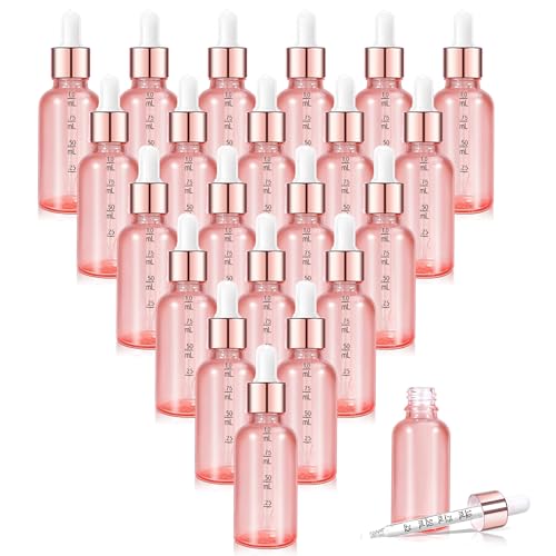 Parfumlism Frascos con Cuentagotas de 30ml, Pack de 24 Botellas Rosa para Tinturas y Aceites Esenciales, Antigoteo, con Embudo, Etiquetas y Pipeta para Viajes, Cuidado Personal y Belleza