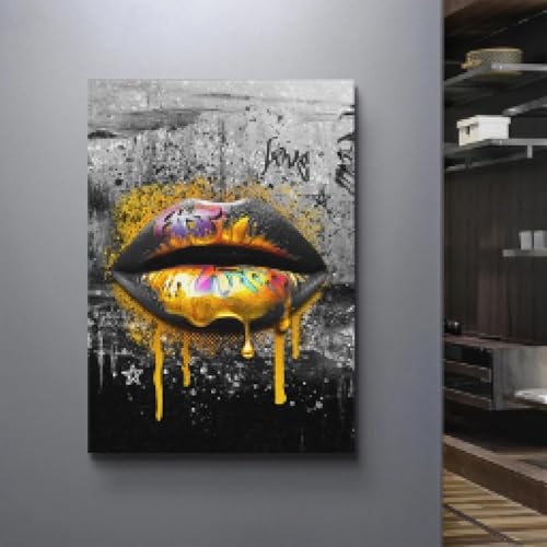Toile lèvres dorées pop art pour un salon design et une ambiance chic