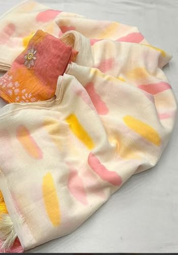 Image of Women's Linen Cotton Blend Saree Multicolor Ikat Brush Print Scalloped Border with Floral Print Unstitched Blouse Piece