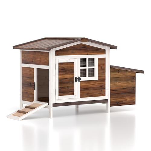 GOJOOASIS Chicken Coop for 2 Chickens Outdoor Rabbit Hutch Chicken House Cage with Ramp & Nesting Box for Small Animals (Brown)
