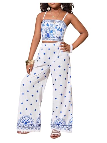 Image of Floerns Girl's 2 Piece Outfit Hawaiian Tropical Crop Cami Tops and Boho Pants Set
