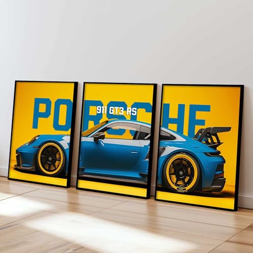 Image of HOMESY Sports Car Framed Posters Gift Items for Boys Room | Wall Decoration for Bedroom Living Room Office Gaming Room Decor | Sports Car Poster with Frame for Wall Decor Set Of 3 Size (13x17 inch, BLACK)