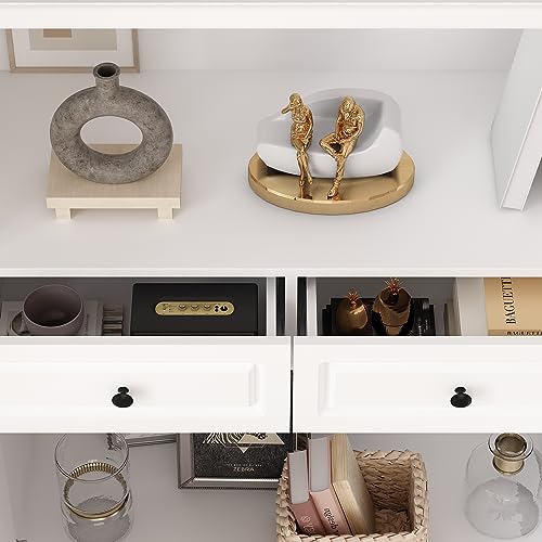 Homsee Tall Bookcase Bookshelf with Shelves, Drawers & 2 Carved Glass Doors, Wooden Display Storage Cabinet with 14 Compartments for Home Office, Living Room, White (63\" W x 15.7”D x 78.7”H)
