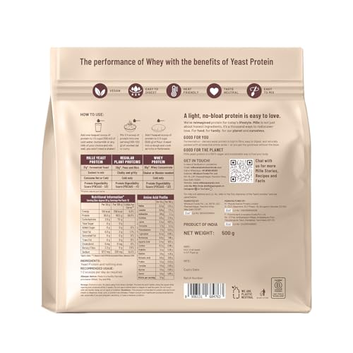 Image of Mille Yeast Protein | 31g Protein | Unflavoured | Made with Fermented Yeast Protein Powder | No Bloat, Vegan, Heat-Stable | Has All 9 Essential Amino Acids | Mixes into Any Dish | 500g