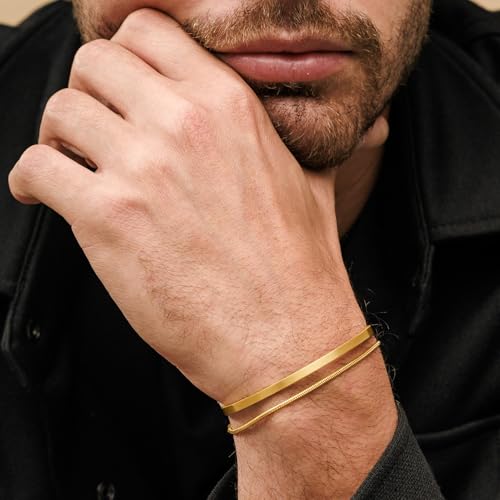 Fezgoat Waterproof Bracelet Set for Men-925 Sterling Silver/14k Gold Plated Stack Snake Cuban Link Chain Cuff Bracelet Mens Jewelry Gift4