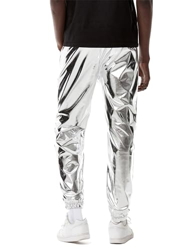 ZEROYAA Mens Metallic Shiny Sweatpants Disco Party Elastic Trousers4
