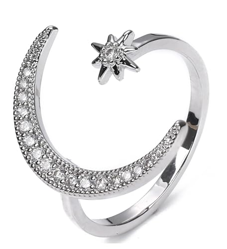 Sterling Silver Crescent Moon Star Adjustable Rings for Women，Cubic Zirconia Promise Statement Engagement Valentine's Day gift eternity band open ring size 6,7,8,9,10,11