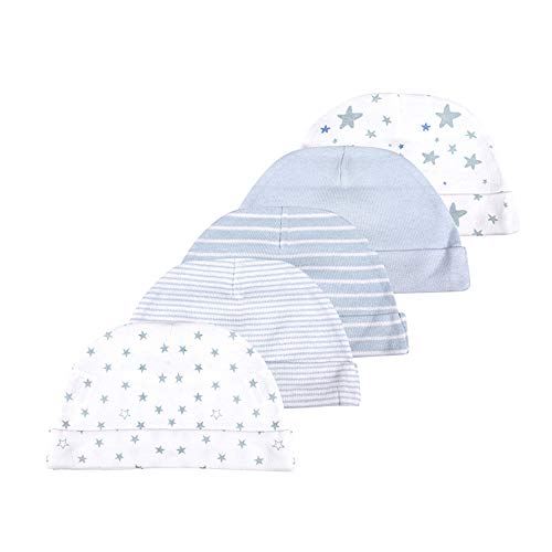 Kiddiezoom Manoplas de algodón para bebés y niñas, paquete de 10 sombreros de bebé de algodón suave para bebés, 5-Pack Blue Sky Hats, M
