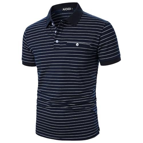 AIOIDI Herren Baumwolle Streifen Kurzarm Poloshirt Basic Golf Polo Blau L