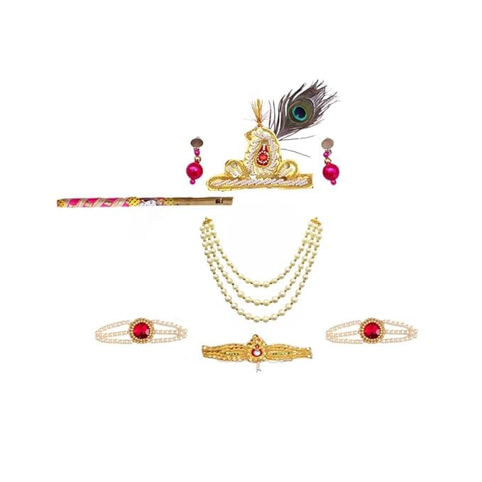 Image of Krishna Dress for Baby Boy Kids(Dhoti,Patka,Mukut,Morpankh,Bansuri,Kamarband,Bajuband,Kundal) Little Krishna Ji Kanha Janmasthmi Costume