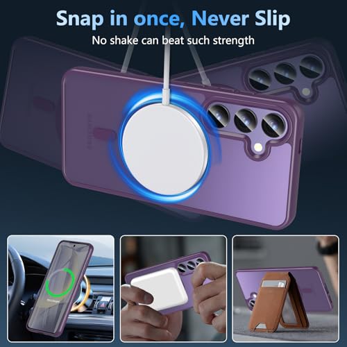 Image of OWKEY for Galaxy S24|S25 Case 6.2'',Magnetic Samsung Galaxy S24 /S25 Case for Magsafe with Tempered Glass Screen Protector, [Shockproof Military] Translucent Back Slim Bumper Cover S24 S25 Case,Purple