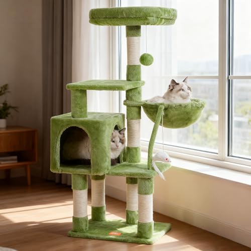 Image of Heybly Cat Tree with Toy, 43.3 inch Cat Tower for Indoor Cats HCT004SGR | Cat Condo with Durable Sisal Scratching Posts, Cat House with Padded Plush Perch, Cozy Hammock, Green