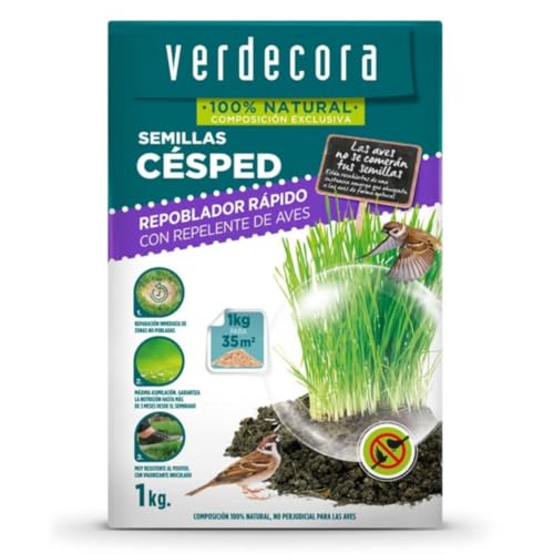 Verdecora Semillas Césped Repoblador Repelente de Aves | Para cubrir zonas de césped deterioradas rapida y eficazmente | Protege las semillas de los pájaros (PORTES INCLUIDOS) (1kg)