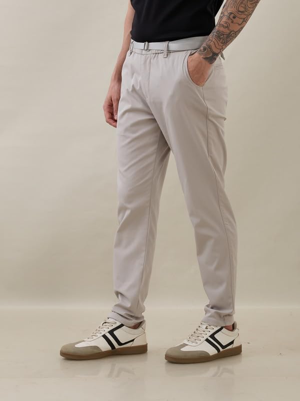 Image of Nostrum Men's Smart-Casual Tapered Trousers for Men, Charcoal, Cotton Corduroy, Mid Rise, Regular Slim Fit with Adjustable Belt, Side and Back Pockets, Casual Wea
