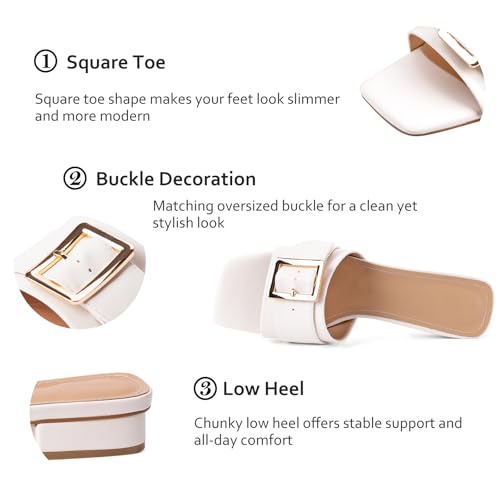 Image of Women's Slide Heeled Sandals Opened Square Toe Chunky Block Heel Slippers with Buckle Slip on Casual Comfortable Pumps