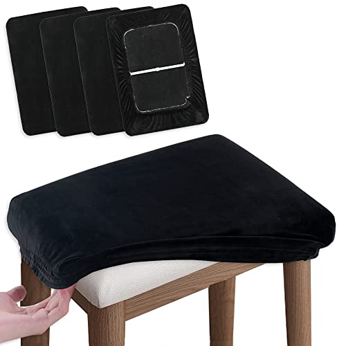 Image of SINOSSO Vanity Stool Covers Set of 4, Super Soft Velvet Stretch Washable Saddle Bar Stool Slipcover Bench Seat Protector, (Rectangle, Black, 4 Counts)