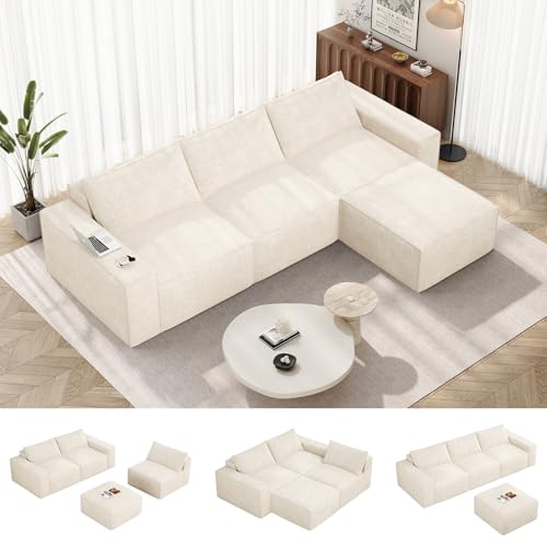 Image of Vesgantti 114 inch Boneless Modular Sectional Sofa, Modern 3 Seater Couch with Ottoman & Deep Seat, Convertible Chenille L Shaped Cloud Couches for Living Room, No Assembly Required, Beige