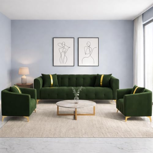 Image of Adorn India Premium Mystic - 3 Years Warranty - 3+1+1 Sofa Set Velvet Suede Fabric - Green
