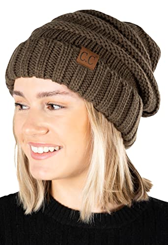 Funky Junque Slouchy Beanie for Women – Warm Winter Hat, Soft Chunky Cable Knit Oversized Slouch Beanies for Cold Weather, Cozy Stylish Fashion Hats - Dark Olive