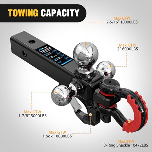 Image of Nilight Trailer Hitch Tri-Ball Mount with Hook and Rotatable Tow Anti-Theft 3 /4 inch Shackle Fits for 2inch Receiver Ball Size 1-7 /8 inch 2 inch 2-5 /16 inch GTW from 5000lbs to 10000lbs for RV SUV ATV Truck