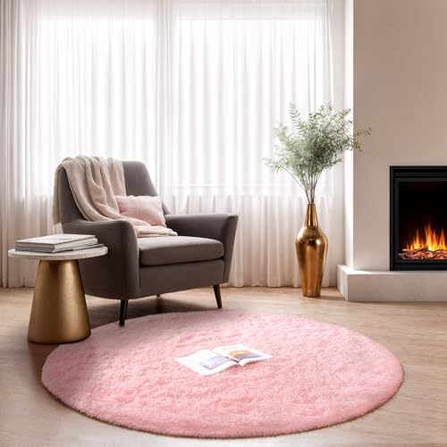 Pink Round Rug for Bedroom, 5Ft Fluffy Circle Area Rugs for Living Room, Shag Fuzzy Carpet for Kids Room, Nursery, Dorm, Classroom, Teen, Cute Baby Play Mat Home Decor Aesthetic