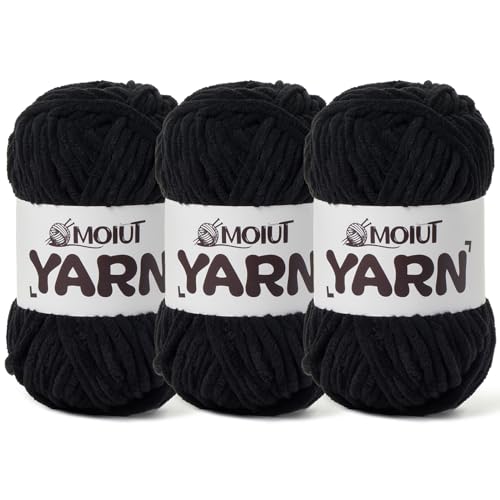 Image of 3 Pack Fluffy Chenille Yarn for Crocheting, Chunky Velvet Yarns for Crochet Amigurumi, Baby Yarn for Crocheting Soft Blanket, 262.4yds /10.5 oz Bulky Yarns for Crafts /Hats /Shoes /Socks (3 Black)