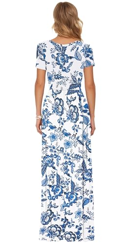 Image of AUSELILY Women's Classic Short Sleeve Loose Plain Casual Long Maxi Dresses | Year Round wear solid floral print, Casual wear, Empire waist, Floor-length, Side pockets, Short Sleeve