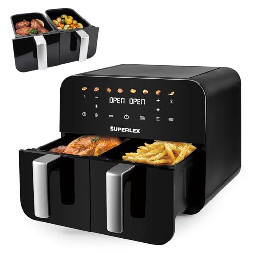 SUPERLEX 9L Dual Air Fryer with Visual Window, 2x4.5L Baskets, 8-in-1 Presets, 2400W Energy-Saving, Digital Touch, Oil-Free Healthy Cooking, Durable Non-Stick Coating
