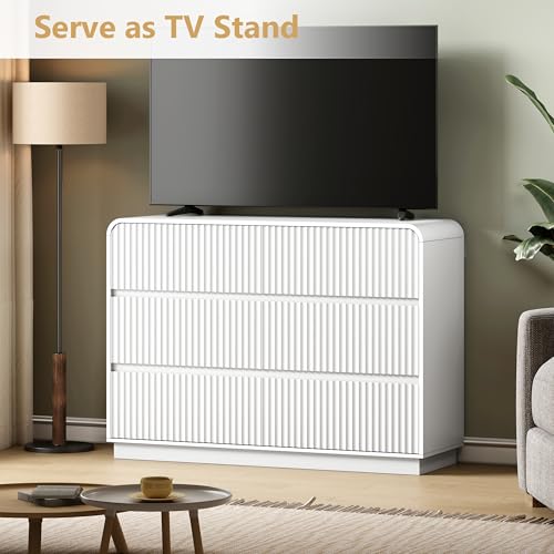 Image of Wodeer White Dresser Fluted 6 Drawers Dresser for Bedroom, 47 inch Wide Wood Chest of Drawers with Hidden Handles & Rounded Corners, Modern TV Stand Storage Cabinet for Living Room, Hallway, Entryway