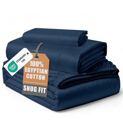 Image of LANE LINEN White Twin XL Sheets 100% Egyptian Cotton Sateen - Estate Blue | Twin XL Cotton Sheet Sets - 3-Piece Set, Ideal For Dorms And Adjustable Beds, For Guests And Everyday Use, So Silky
