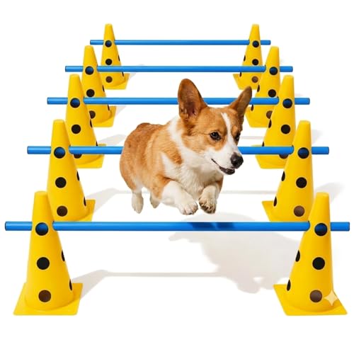 mioule Agility Set Hunde mit 6 Hürden Cavaletti Hund Trainingsset 12 Verstellbare Stangen & 12 Pylonen Hundetraining Zubehör für Hunde Agility Hobby Horse & Kinder Parcours