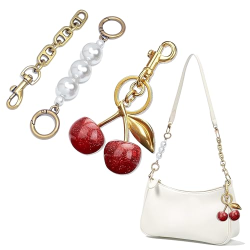 Nalefow 3PCS Vintage Gold Pearl Bag Extender Chain Purse Strap Extenders Sweet Cherry Bag Charm Keychain Purse Handbags Accessories for Womens (Sweet Cherry Pearl Extender Chain)