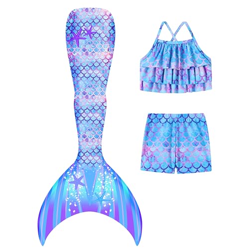 Mermaid Bathing Suit for Girls Ruffle Top with Boyshort Bikini Fish Tail Set Beach Rash Guard Swimwear Blue Tiedye Size 7 6